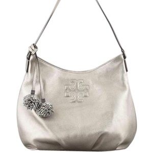 Tory Burch Hobo Thea Silver Leather Shoulder Bag